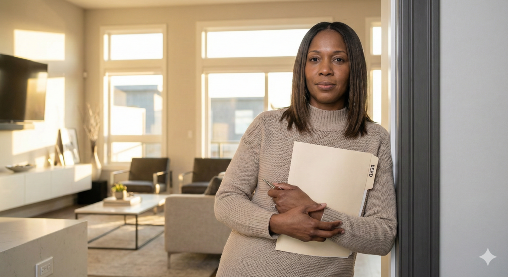 Financial Wellness A woman standing in the door of her beautiful home