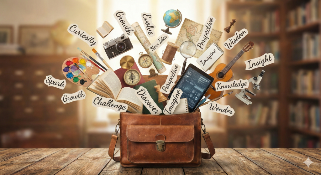 Intellectual Wellness An explosion of ideas bursting from a leather bag