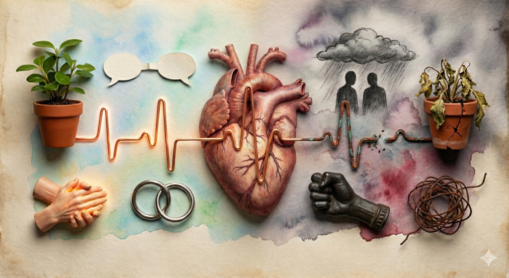 Interpersonal Wellness A graphic depicting a heart between healthy and unhealthy visuals