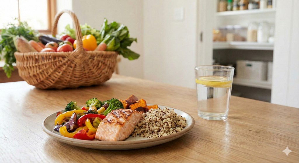 Nutritional Wellness A plate of colorful veggies, salmon, and rice and lemon water