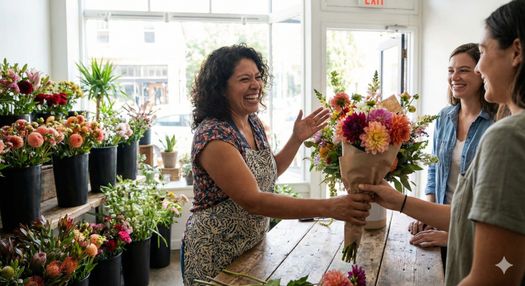 Occupational Wellness A smiling flower shop owner handing a bouquet to a customer