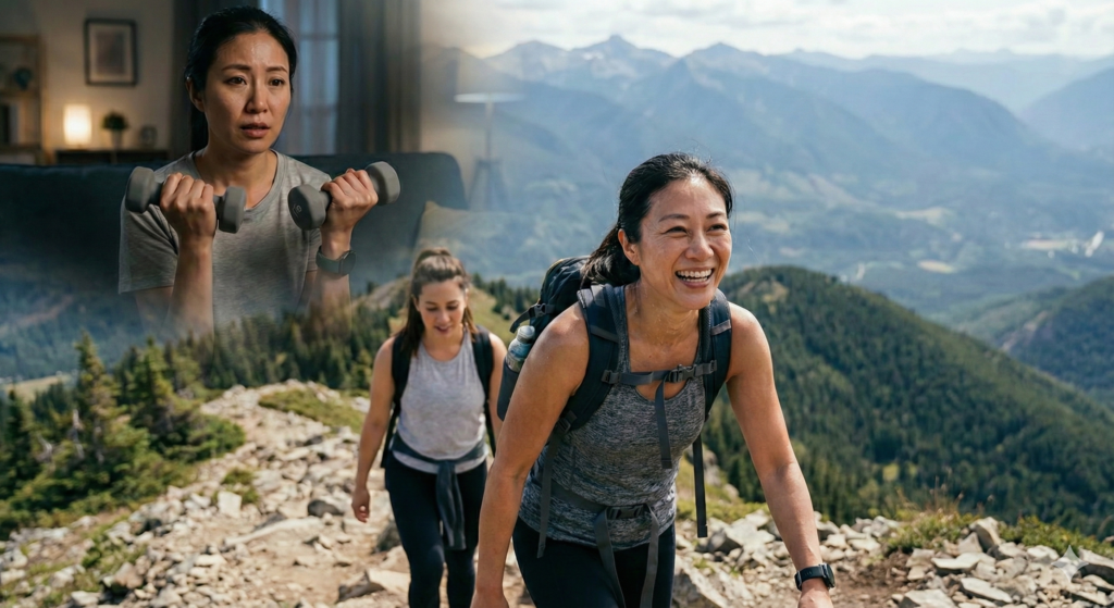 Physical Wellness The progression of a woman from struggling to exercise to hiking steep terrain with a friend